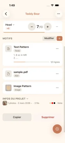Panneau d'informations du projet de l'application cromu, replié et déplié