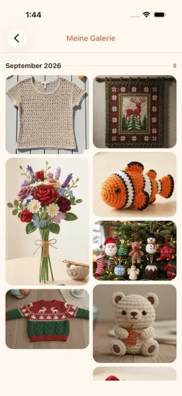 Galerie-Bildschirm der cromu App mit Fotos fertiger Häkel- und Strickprojekte