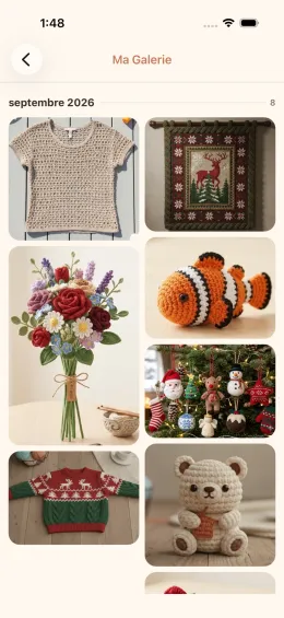 Écran galerie de l'application cromu avec des photos de projets de crochet et de tricot terminés