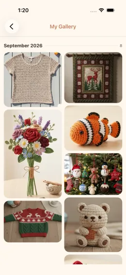 cromu app gallery screen showing finished crochet and knitting projects in a photo mosaic